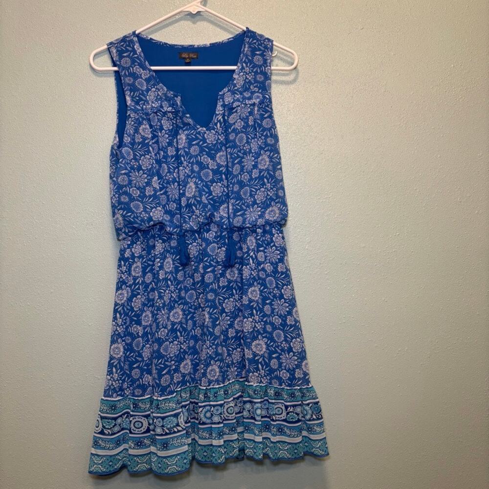 Lily Rose Blue Floral Boho Sleeveless Dress Size M Tassel Tie Waist